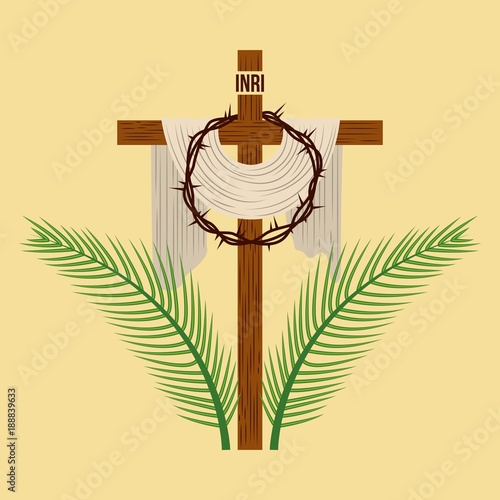 religious cross crown and palm branches vector illustration