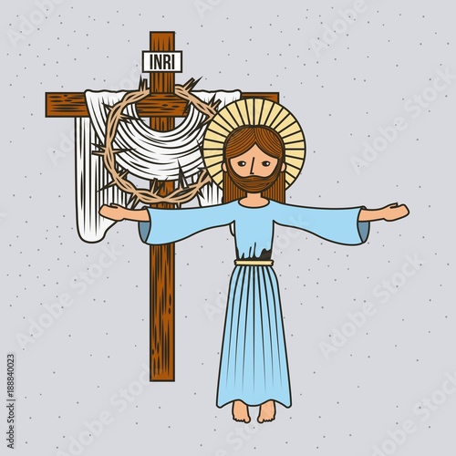 cartoon jesus christ ascension cross and crown thorns vector illustration