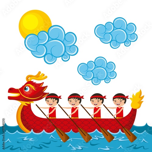 chinese people paddling red dragon boat vector illustration