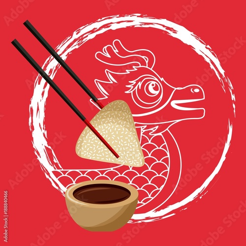 chinese dragon rice dumpling chopstick and sauce vector illustration