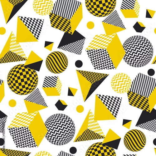 Tapety Abstrakta 3d geometryczny bezszwowy wzór w kolorze żółtym i czarno. Geometria iluzji objętości kształtuje powtarzalny motyw. Element graficzny do projektowania powierzchni, tkanin, papieru do pakowania.