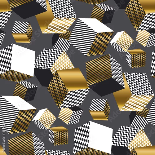 Tapety Odważne i czarne 3d geometryczny wzór modułów. Geometria iluzji objętości kształtuje powtarzalny motyw. Element graficzny do projektowania powierzchni, tkanin, papieru do pakowania.