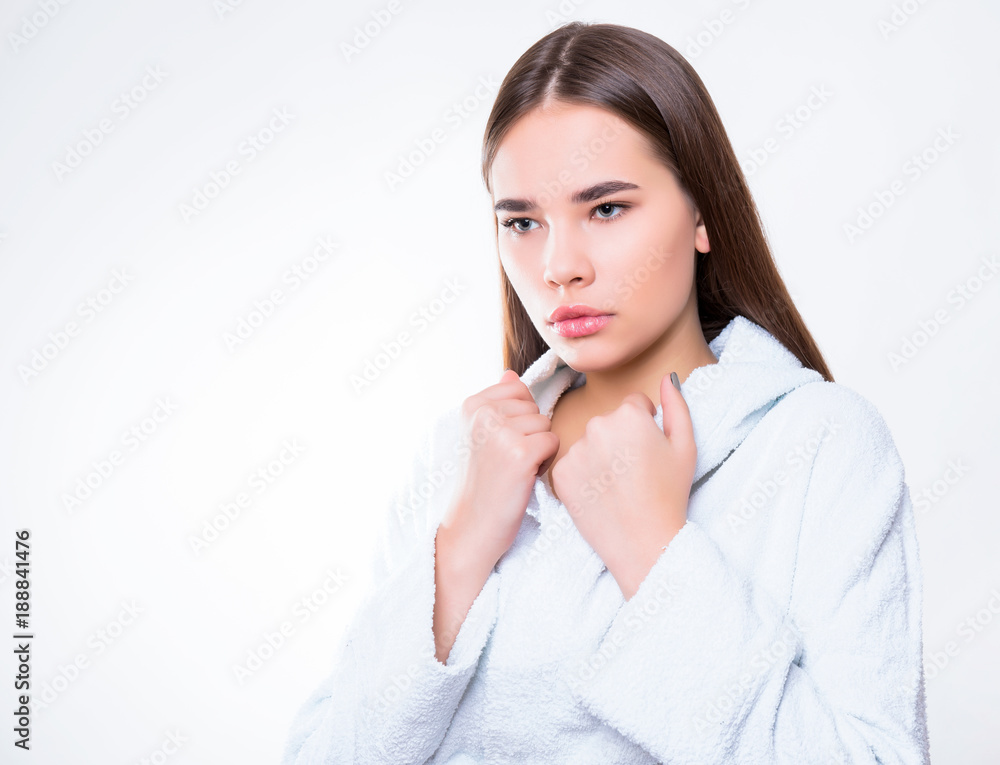 beautiful young woman with long hair wearing bath robe beautiful young woman with long hair wearing bath robe