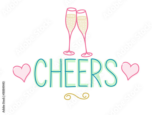 Cheers. Valentine's day greeting card with hand lettering and two pink clanging glasses with hearts. Illustration isolated on white background flat line art style.