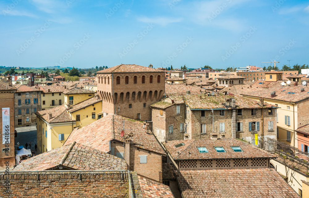 Castelvetro di Modena, Italy. View of the city. Castelvetro has a picturesque appearance, with a profile characterized by the emergence of towers and bell towers.