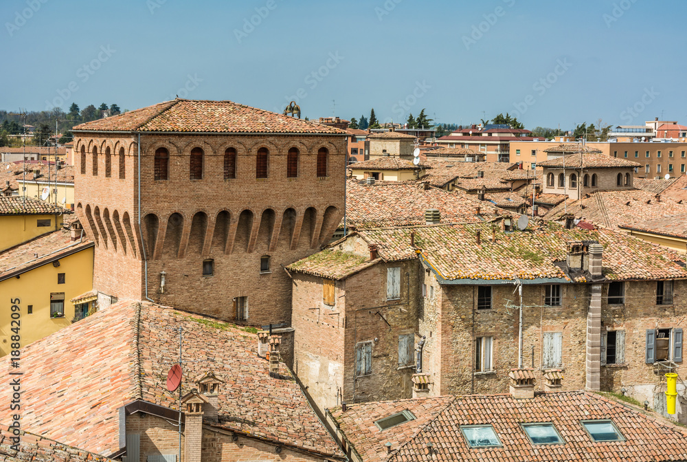 Castelvetro di Modena, Italy. View of the city. Castelvetro has a picturesque appearance, with a profile characterized by the emergence of towers and bell towers.