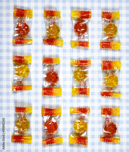 colorful Gummy Bear Candy  on checkered background