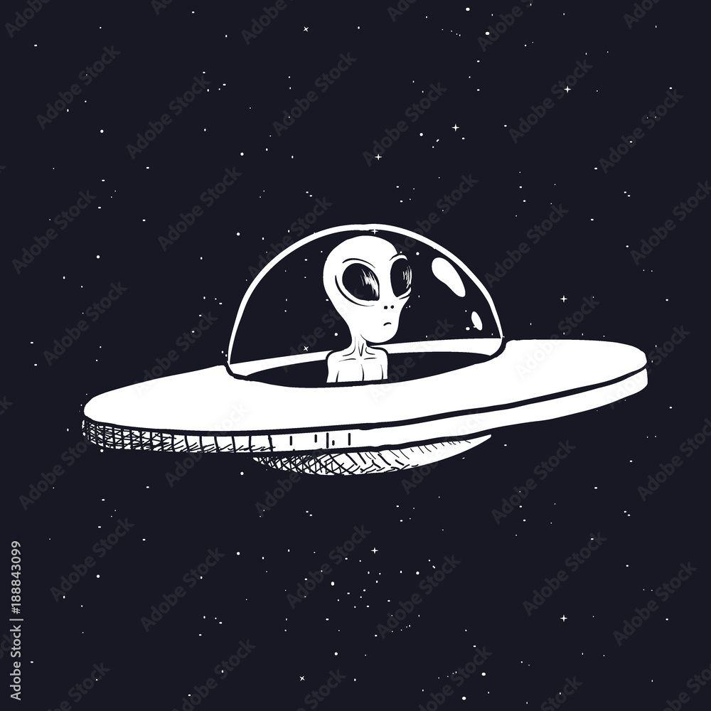 alien is sitting in a flying saucer.Hand drawn style.Space scientific vector illustration alien is sitting in a flying saucer.Hand drawn style.Space scientific vector illustration