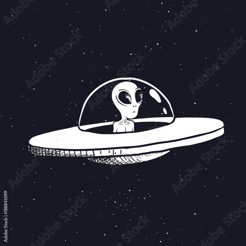 alien is sitting in a flying saucer.Hand drawn style.Space scientific vector illustration