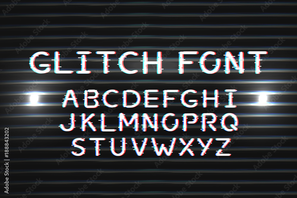 Vector realistic isolated digital glitch font for decoration and covering on the dark background. Vector alphabet with distortion effect.