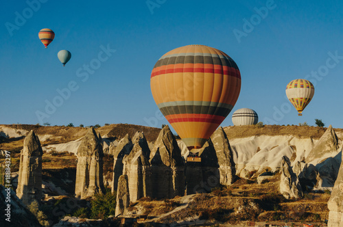Hot air balloons festival in Goreme national park, fairy chimneys, Cappadocia, Turkey