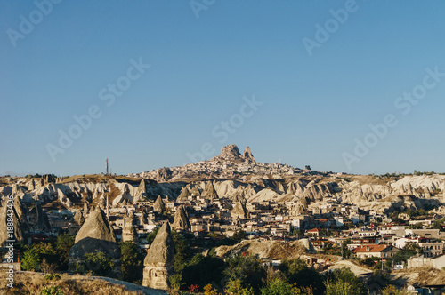 Aerial view of city and fairy chimneys, Cappadocia, Turkey