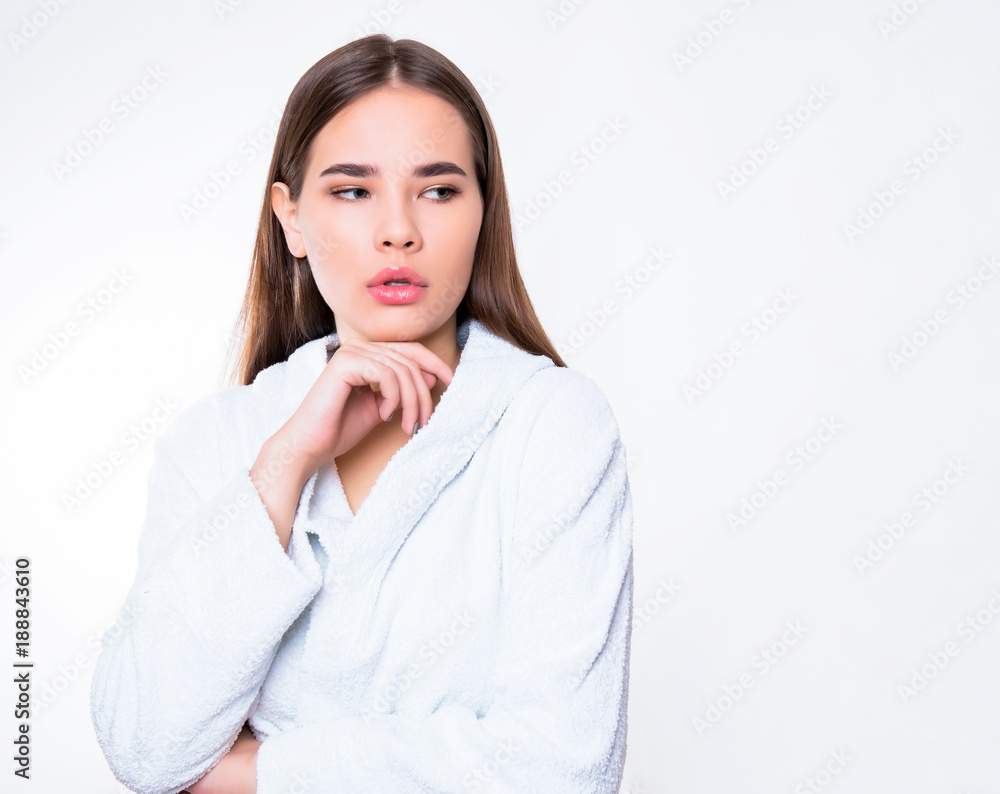 beautiful young woman with long hair wearing bath robe beautiful young woman with long hair wearing bath robe