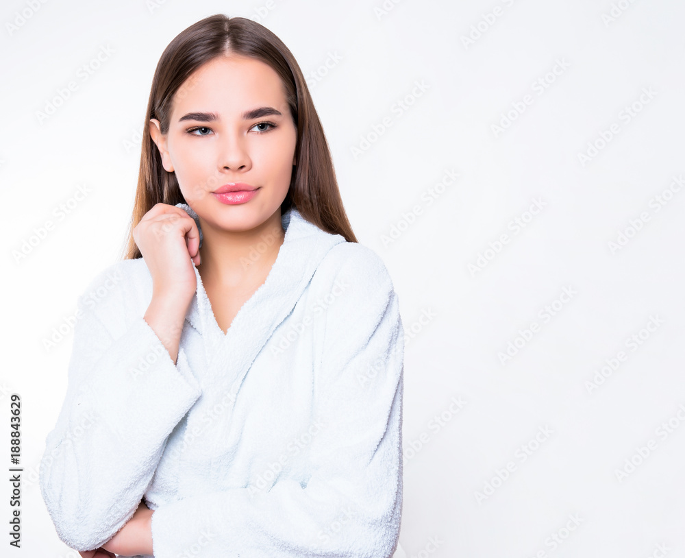 beautiful young woman with long hair wearing bath robe beautiful young woman with long hair wearing bath robe