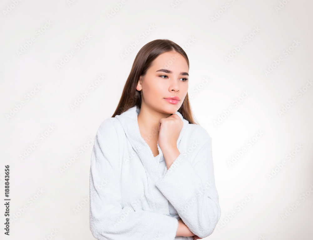 beautiful young woman with long hair wearing bath robe beautiful young woman with long hair wearing bath robe