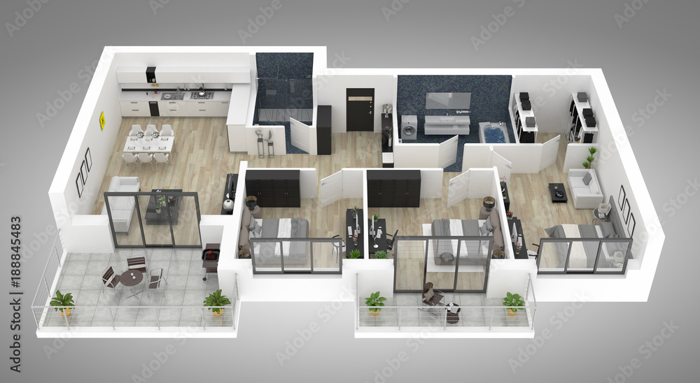 Floor plan of a house top view 3D illustration. Open concept living