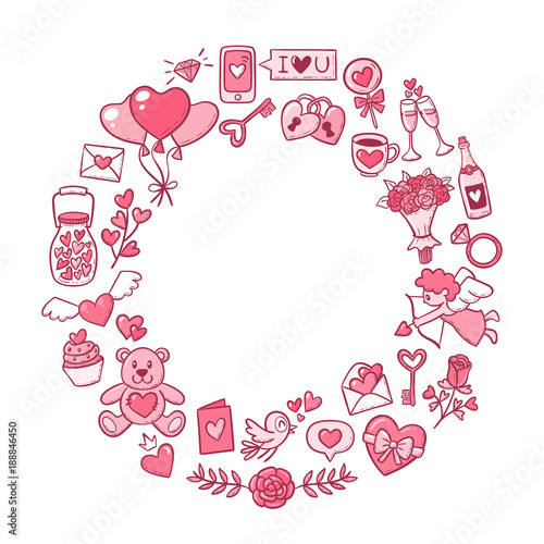 Valentine's Day circular frame full of lovely objects isolated on white. Editable blank space inside. Cute birds, hearts, flowers, gifts and more. EPS10 vector illustration.