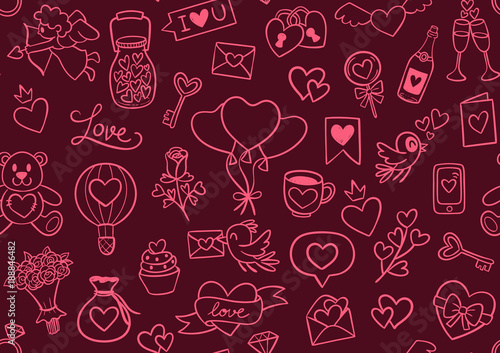 Hand drawn Valentine's Day seamless pattern. Cute pink doodle elements isolated on burgundy background. Vector illustration.
