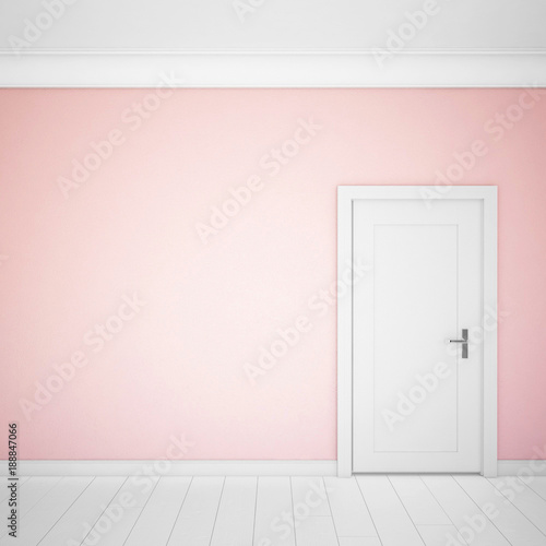 Empty room interior with pink wall and white parquet
