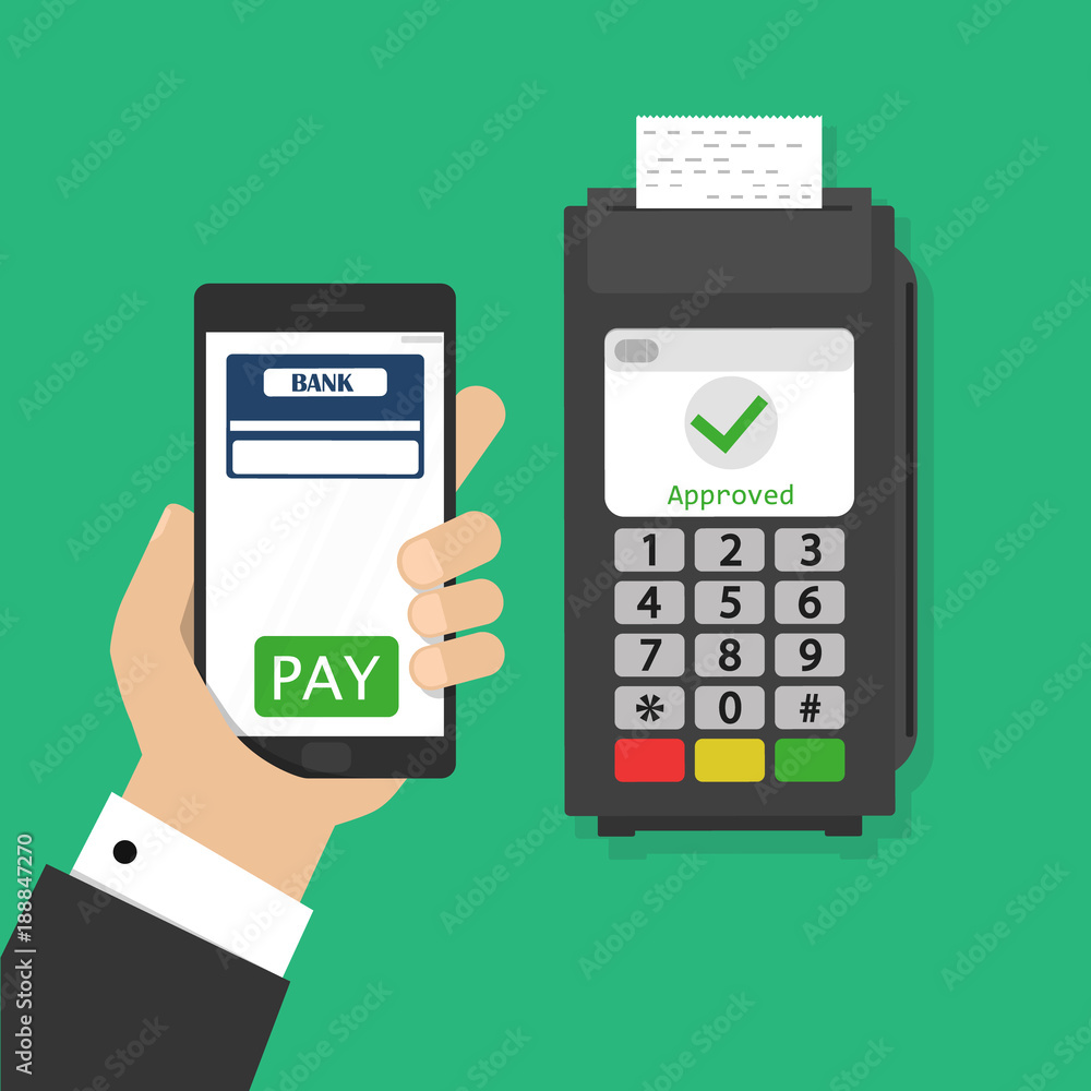 Wireless payment with mobile phone and terminal illustration, flat style smartphone in hand with credit card on display and fingerprint processed successful pay on nfc, contactless buy tech image Wireless payment with mobile phone and terminal illustration, flat style smartphone in hand with credit card on display and fingerprint processed successful pay on nfc, contactless buy tech image