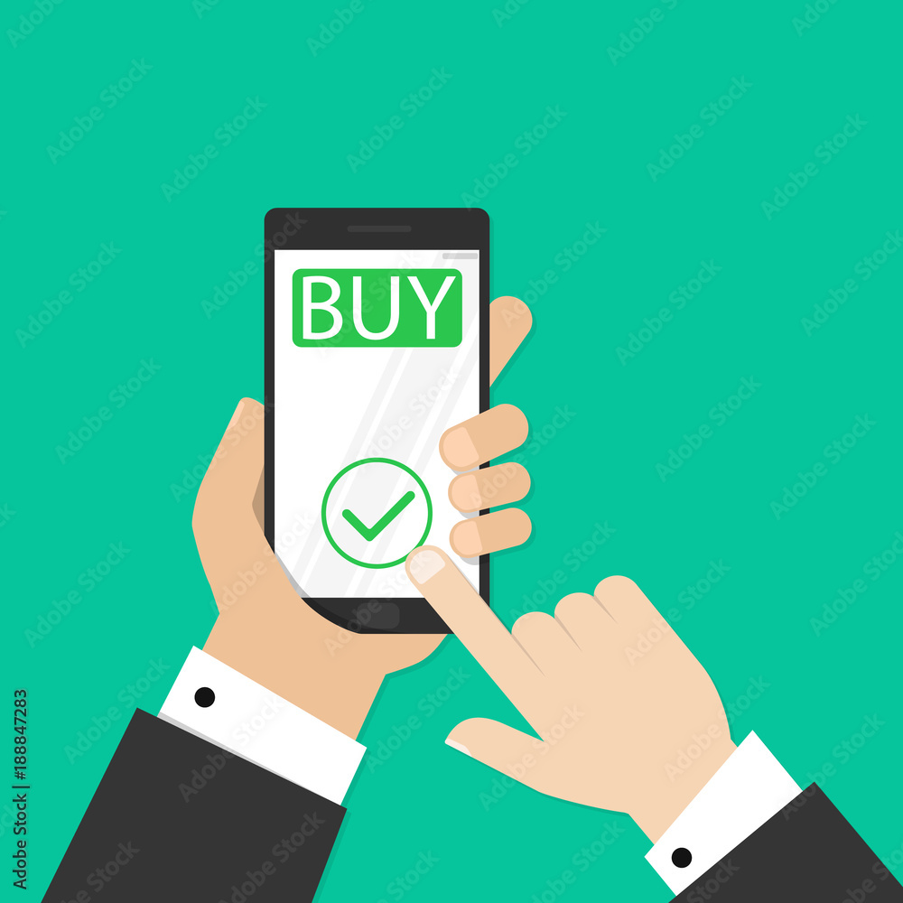 Mobile payment credit card, hand holding phone, flat design vector Mobile payment credit card, hand holding phone, flat design vector