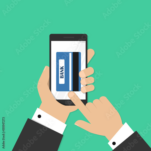 Mobile payment credit card, hand holding phone, flat design vector