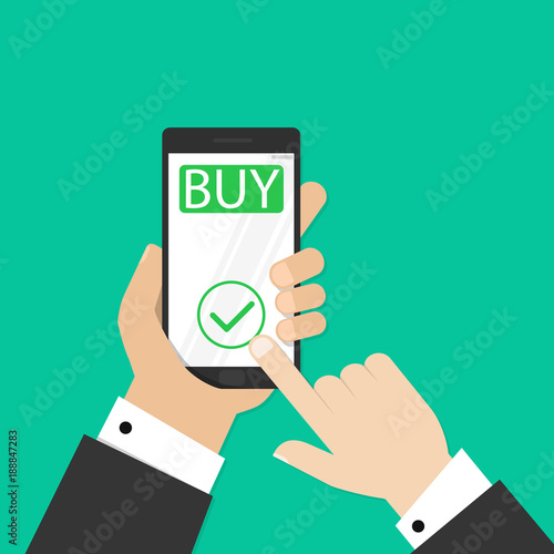 Mobile payment credit card, hand holding phone, flat design vector