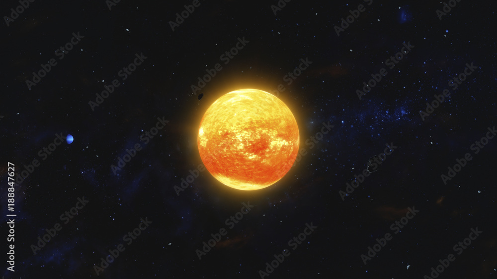 Fototapeta premium Space debris and gas planet orbiting red star. Outer Space, Cosmic Art and Science Fiction Concept.