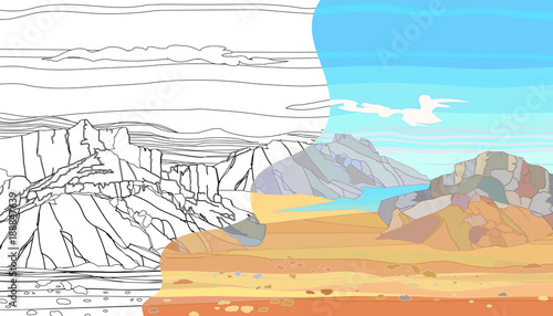 Large mountain ranges, desert terrain, rocks, wildlife background.