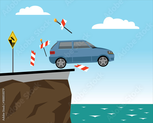 car falls of the cliff braking road barrier 