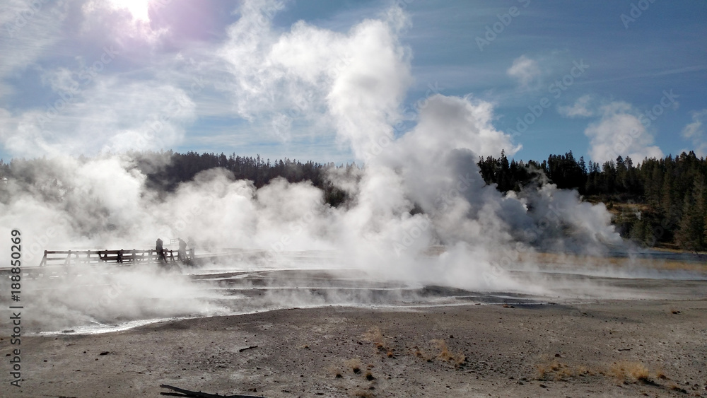 Smoke Covered Geyser in Yellowstone National Park