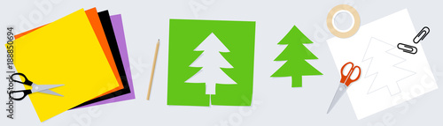 Vector banner with colored paper, pencil, adhesive line, clips, scissors and silhouette of fir tree cut out from paper