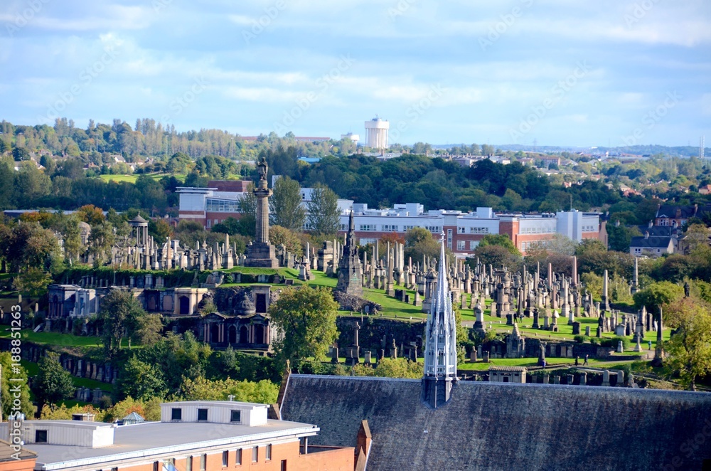 Glasgow Necropolis with the spire of the Barony church in the foreground.