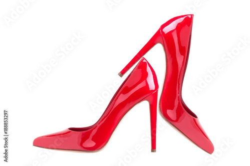 A pair of red shoes. Lacquered shoes. Red high-heeled shoes.