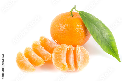 Fresh tangerines oranges with leaves isolated on white background, Healthy fruits, with a clipping path Top view.