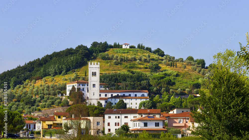 Idyllic and scenic landscape - Bell tower, church, field, forest and hill - Tuscany, Italy; tourism, travel, vacation; background.