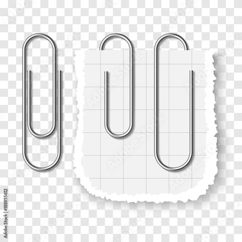 Set of silver metallic realistic paper clip on transparent background.