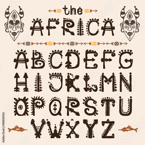 Hand drawn pattern with Tribal font typeface and mask ethnic . Capital Letters for your design, wallaper, textile, print. African culture. Fabric afro ornament. Coloful batik art. Type script.