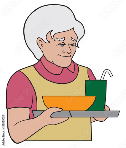 A kindly grandma is serving a hot meal on a tray