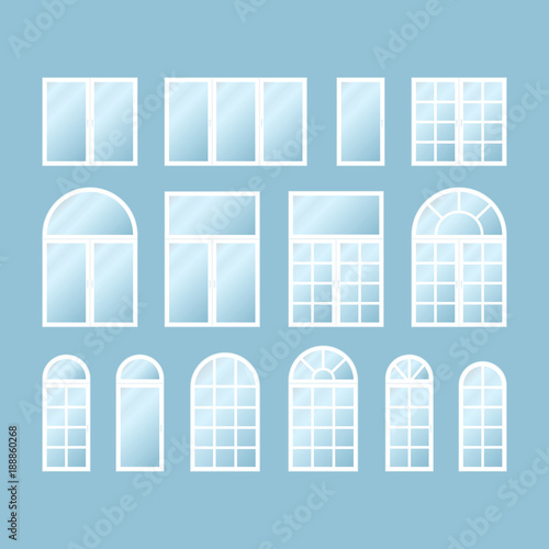 Set of various isolated white plastic windows on blue background. Flat windows collection