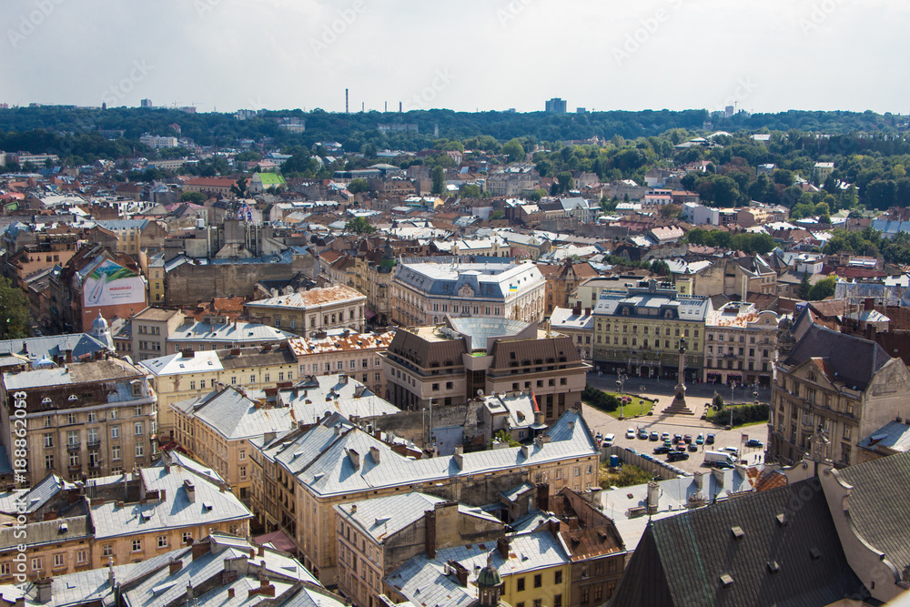 View to the city of Lviv from Town Hall. Aerial view on the old centre of Lviv in Ukraine. Europe.