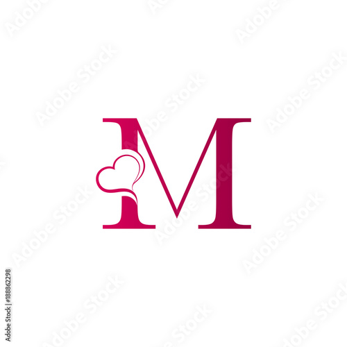 M letter logo with heart icon, valentines day concept