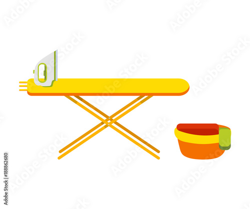 Ironing board with iron. Basin