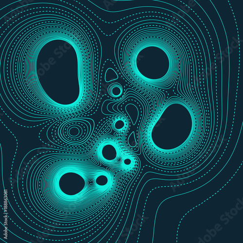 Vector abstract illustration with many cyan isolines and circular oval shapes. Topographic abstract bold and dotted lines on dark blue background.