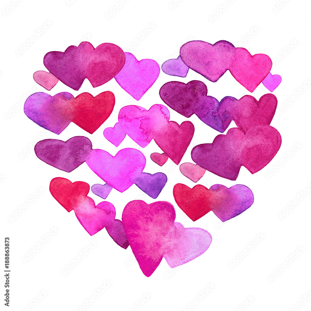 Fototapeta premium Pattern with red, pink and violet watercolor hearts. romantic design. Isolated on white background. Hand painted brush elements. Modern and teen. Love sign. Valintine Day symbol.