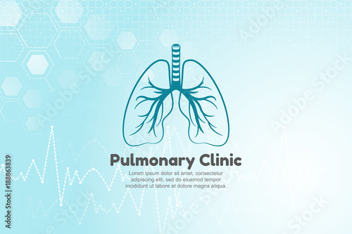 Vector illustration of lungs for pulmonary clinic. Blue medical background with structure molecule and heart beat
