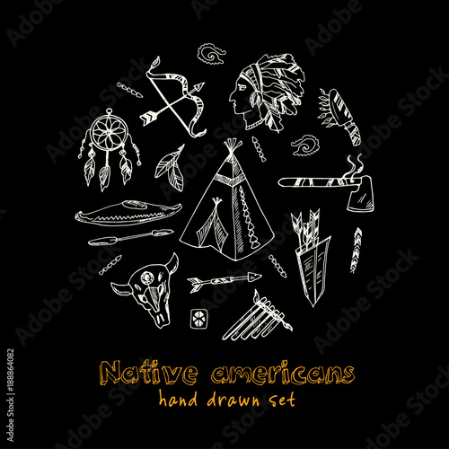 Hand drawn doodle native americans set.