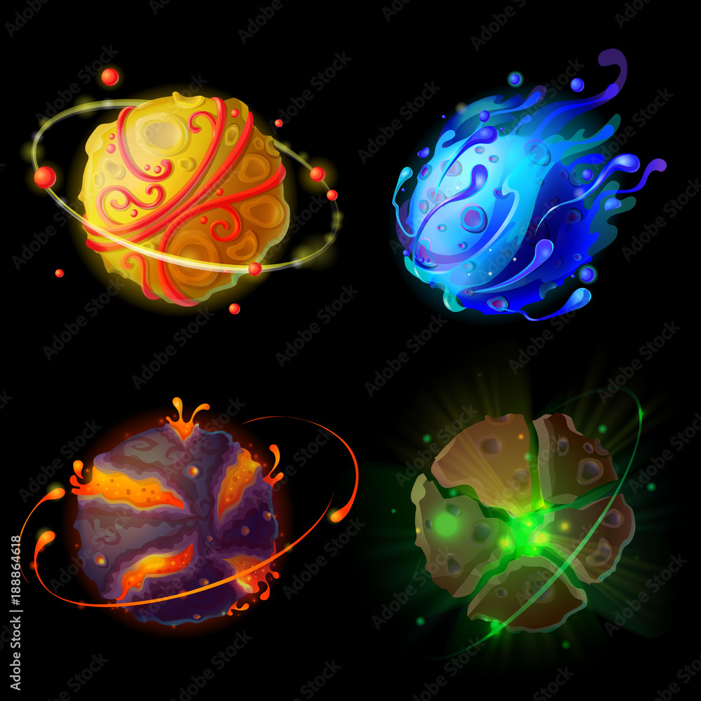 Obraz premium Wektor fantastyczne planety, zestaw planetoid światów. Kosmiczne, kosmiczne elementy do projektowania gier. Ilustracja z ognistą galaktyką z kraterami wulkanicznymi, kamiennymi planetami z satelitami i kometą lodową.