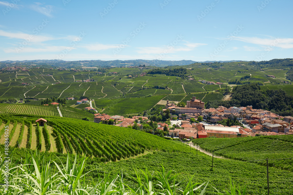 Barolo medieval town in Piedmont with vineyards, Langhe hills view in a sunny day, northern Italy