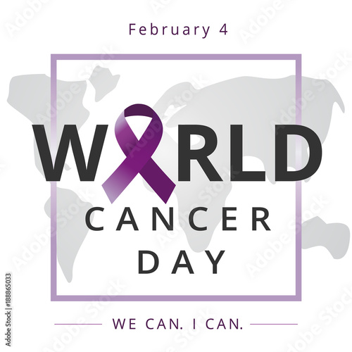 World cancer day, We can I can, medical care banner. February 4. Vector illustration of World Cancer Day with ribbon and text on world map